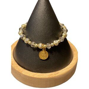 Silver Beaded Bracelet With Gold-Tone Saint Charms & Sparkling Beads
